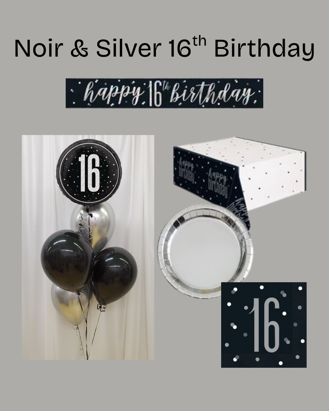 Noir & Silver 16th Birthday Party Set
