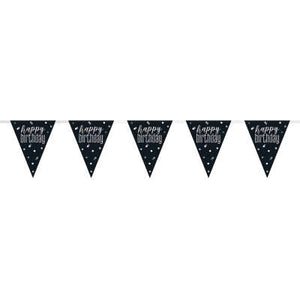 19ft Black & Silver Prismatic Plastic Flag Banner "Happy Birthday"