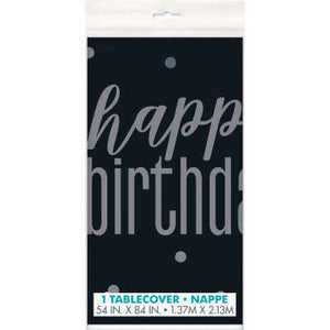 Black & Silver "Happy Birthday" Plastic Table Cover 54"x84"