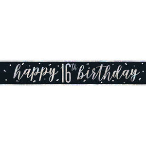 Black & Silver Foil Banner "Happy 16th Birthday"