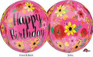 Happy Birthday Pink Floral Orbz Foil Balloon